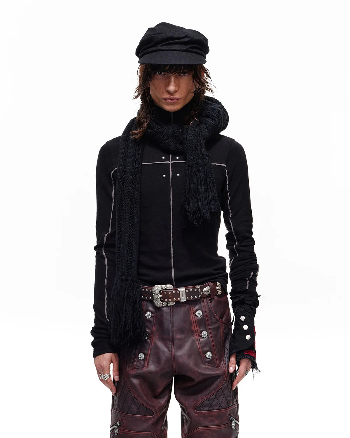 Personsoul Rhinestone Panel-Line Turtleneck Black