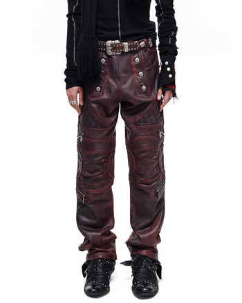 Personsoul Rubbed Red Calfskin Straight-Leg Pants