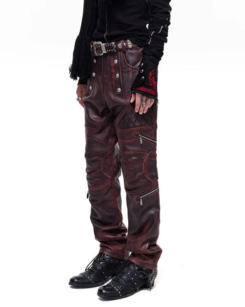 Personsoul Rubbed Red Calfskin Straight-Leg Pants