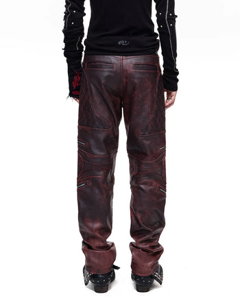 Personsoul Rubbed Red Calfskin Straight-Leg Pants