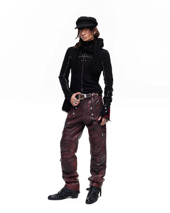 Personsoul Rhinestone Panel-Line Turtleneck Black