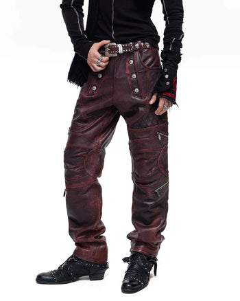 Personsoul Rubbed Red Calfskin Straight-Leg Pants