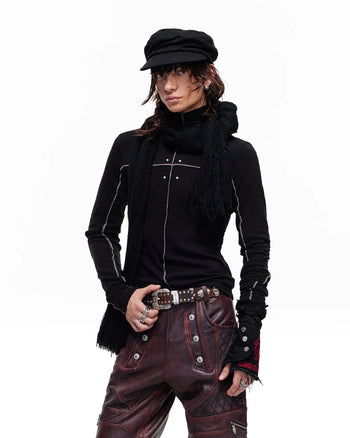 Personsoul Rhinestone Panel-Line Turtleneck Black