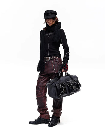 Personsoul Rhinestone Panel-Line Turtleneck Black