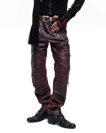 Personsoul Rubbed Red Calfskin Straight-Leg Pants