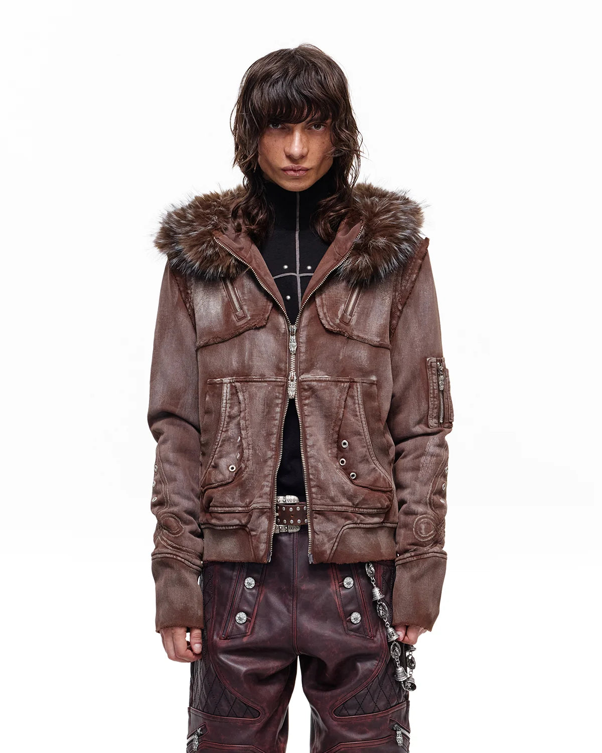 Personsoul Cracked-Line Fluffy-Trim Hooded Jacket