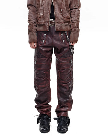 Personsoul Rubbed Red Calfskin Straight-Leg Pants