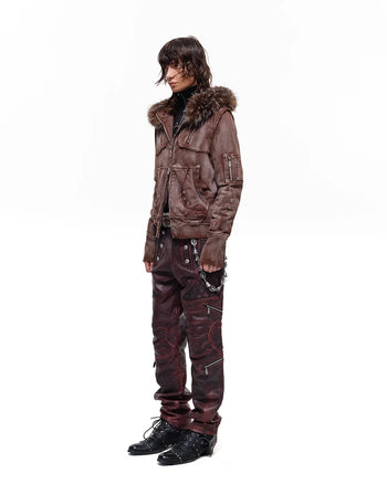 Personsoul Cracked-Line Fluffy-Trim Hooded Jacket