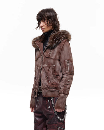 Personsoul Cracked-Line Fluffy-Trim Hooded Jacket