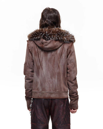 Personsoul Cracked-Line Fluffy-Trim Hooded Jacket