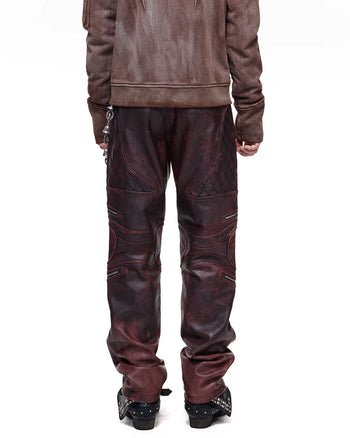Personsoul Rubbed Red Calfskin Straight-Leg Pants