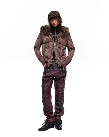 Personsoul Cracked-Line Fluffy-Trim Hooded Jacket