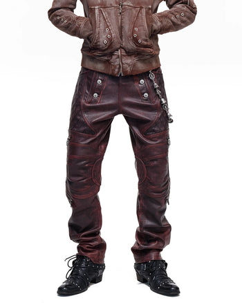 Personsoul Rubbed Red Calfskin Straight-Leg Pants