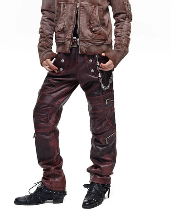 Personsoul Rubbed Red Calfskin Straight-Leg Pants