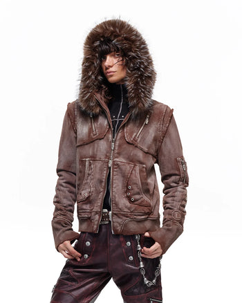 Personsoul Cracked-Line Fluffy-Trim Hooded Jacket