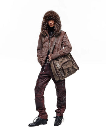 Personsoul Cracked-Line Fluffy-Trim Hooded Jacket