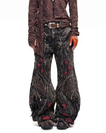 Personsoul Red Mesh Accent Vintage Curved Jeans