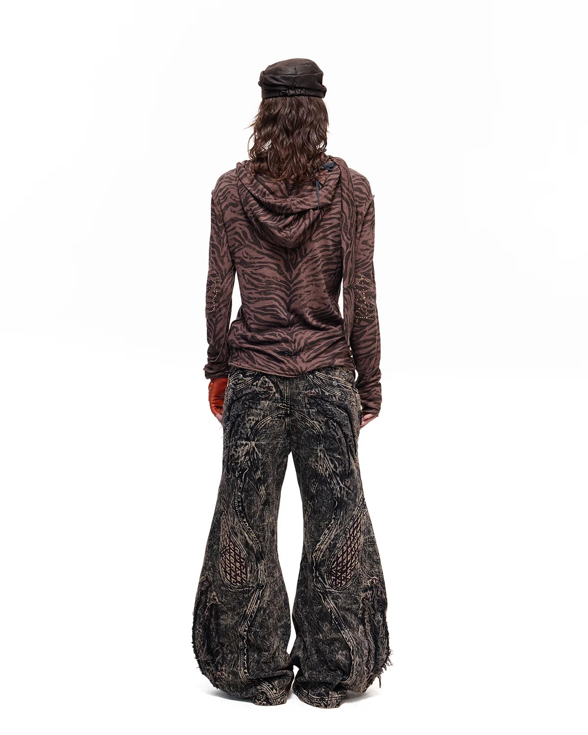 Personsoul Zebra Print Detachable Hood T-Shirt Brown