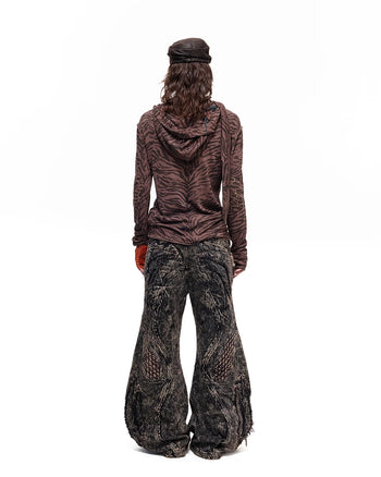 Personsoul Zebra Print Detachable Hood T-Shirt Brown