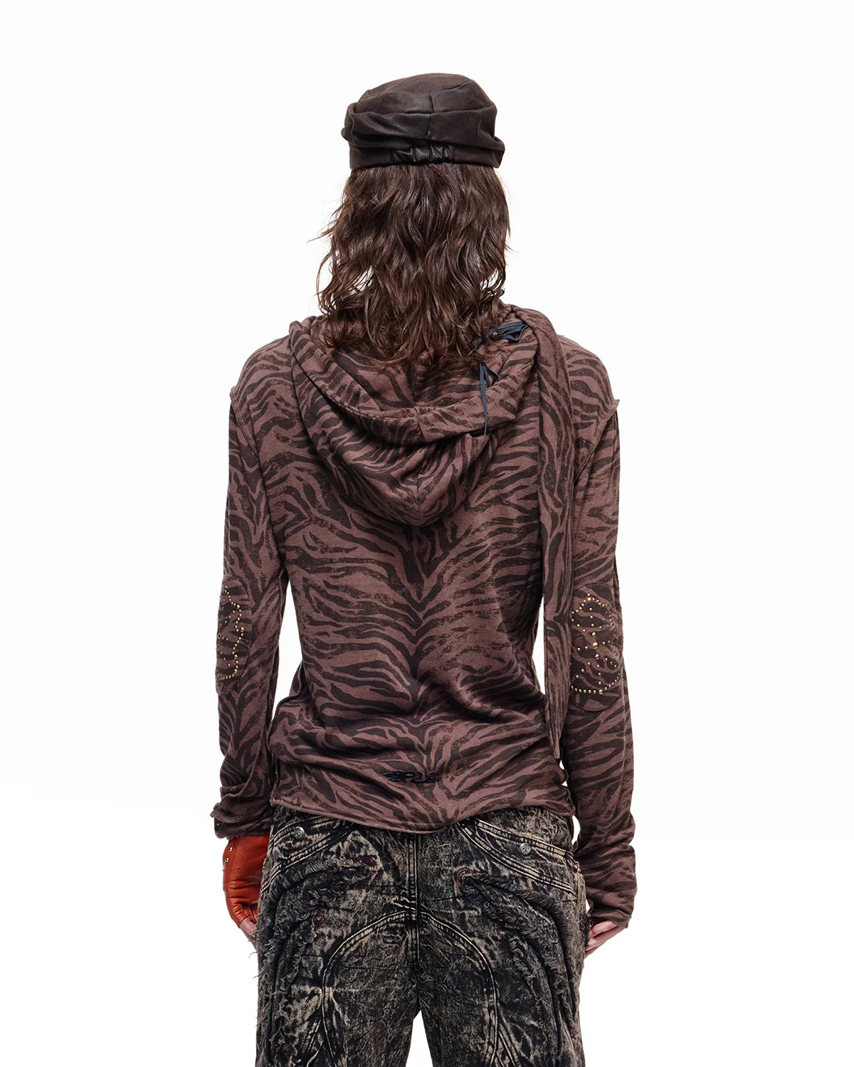 Personsoul Zebra Print Detachable Hood T-Shirt Brown