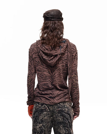 Personsoul Zebra Print Detachable Hood T-Shirt Brown