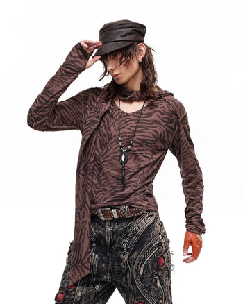 Personsoul Zebra Print Detachable Hood T-Shirt Brown