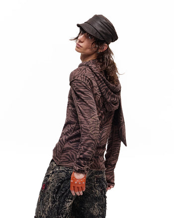 Personsoul Zebra Print Detachable Hood T-Shirt Brown