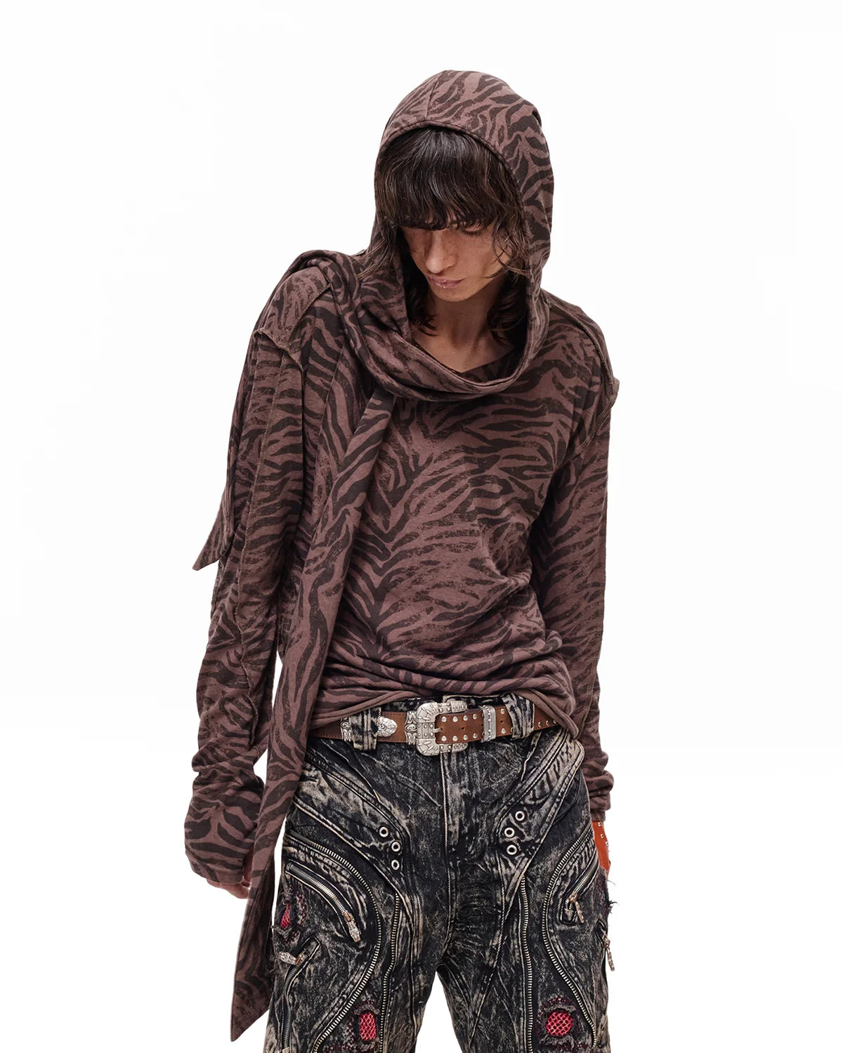 Personsoul Zebra Print Detachable Hood T-Shirt Brown