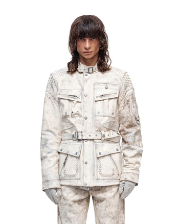 Personsoul White Genuine Leather Stand-Collar Jacket