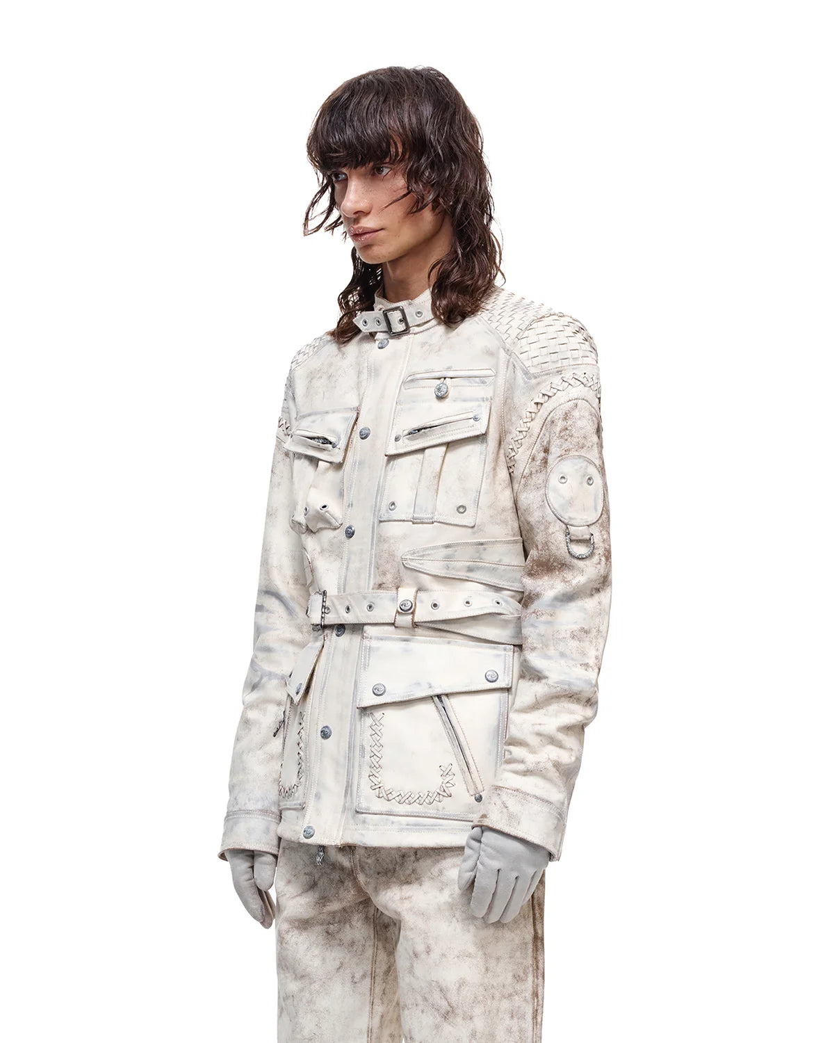 Personsoul White Genuine Leather Stand-Collar Jacket