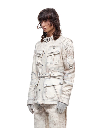 Personsoul White Genuine Leather Stand-Collar Jacket