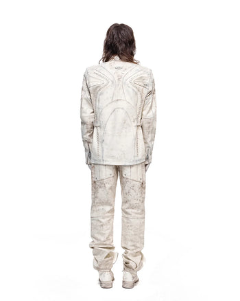Personsoul White Genuine Leather Stand-Collar Jacket