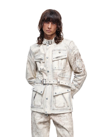 Personsoul White Genuine Leather Stand-Collar Jacket
