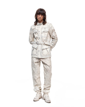 Personsoul White Genuine Leather Stand-Collar Jacket