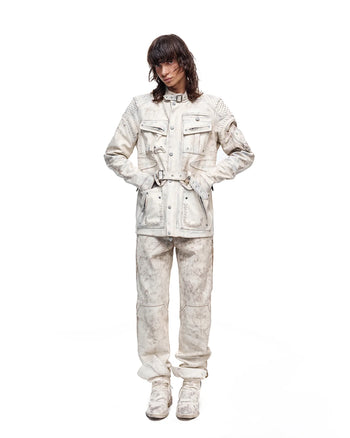 Personsoul White Genuine Leather Stand-Collar Jacket