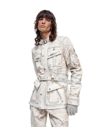 Personsoul White Genuine Leather Stand-Collar Jacket