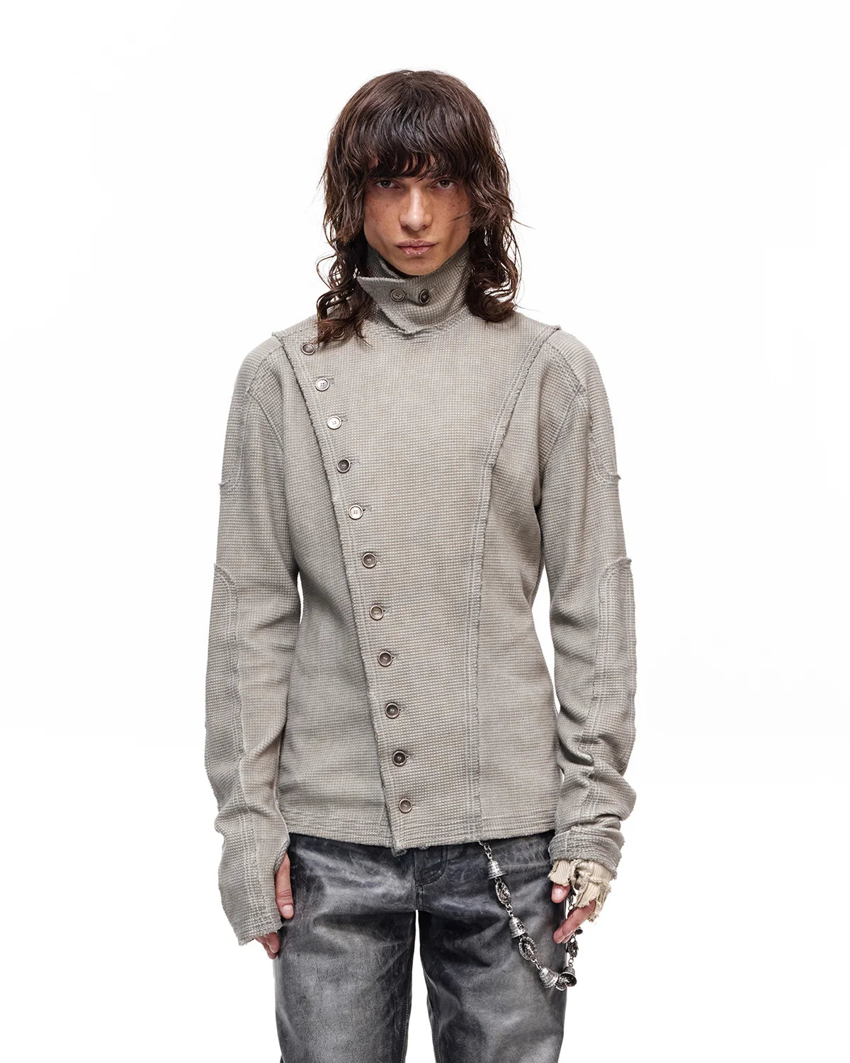 Personsoul Waffle High-Neck Long-Sleeve Top Gray