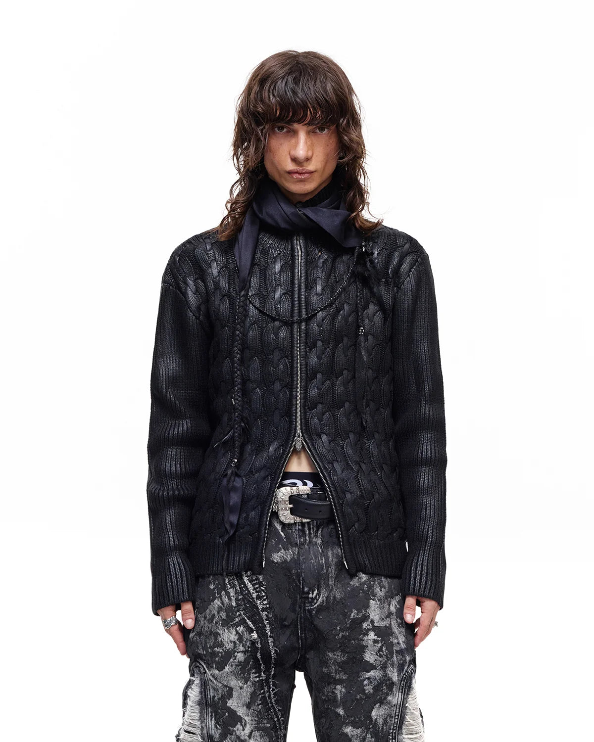 Personsoul Waxed Chain Zip-Up Cardigan