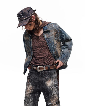 Personsoul Washed Denim Laser-Crack Jacke