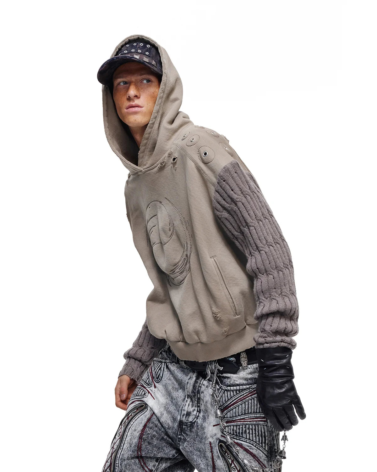 Personsoul Weathered Spiral Panel Hoodie Gray