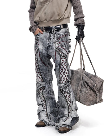 Personsoul Diamond Embroidered Shaped Jeans