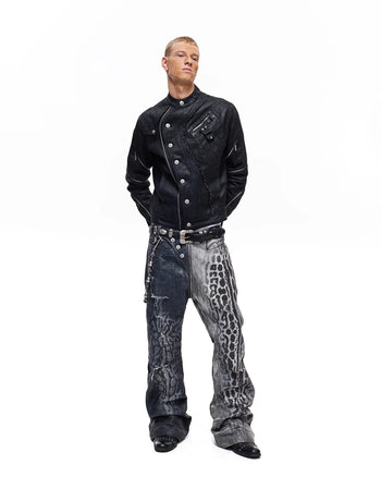 Personsoul Asymmetric Crocodile Embroidery Jeans