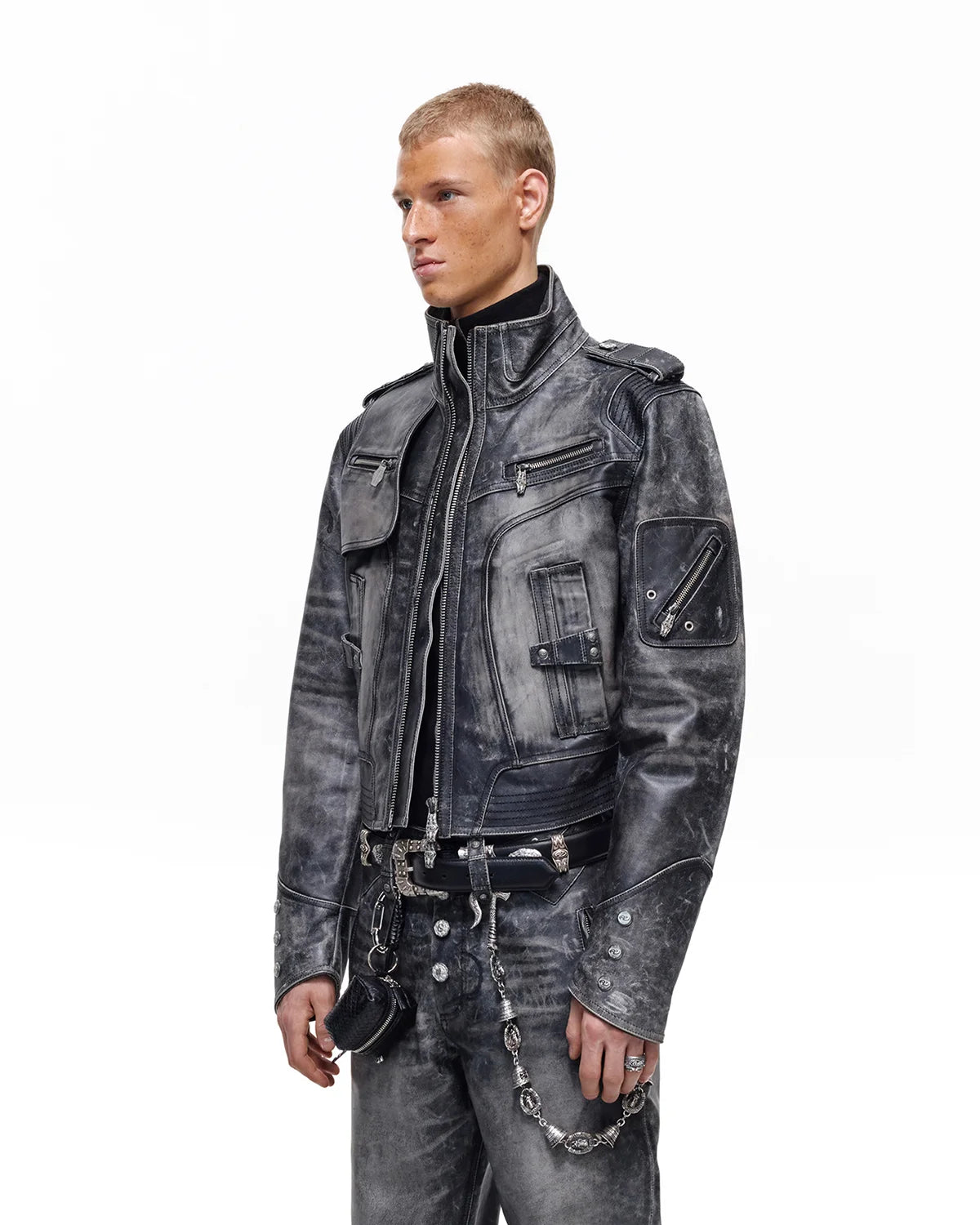 Personsoul Top-Grain Calfskin Distressed Cropped Jacket