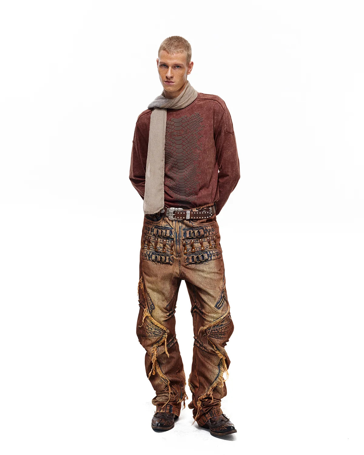 Personsoul Weathered Clay Extra-Long Curved Jeans
