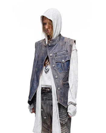Personsoul Asymmetrical Front Calfskin Leather Vest