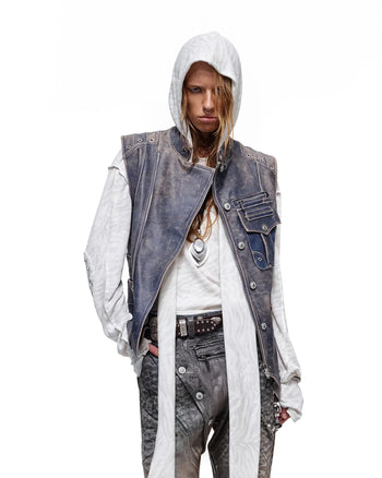 Personsoul Asymmetrical Front Calfskin Leather Vest