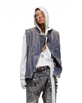 Personsoul Asymmetrical Front Calfskin Leather Vest