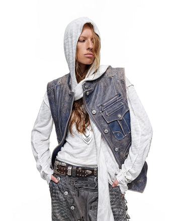 Personsoul Asymmetrical Front Calfskin Leather Vest