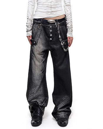 Personsoul Asymmetric Crocodile Embroidery Jeans