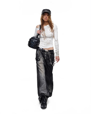 Personsoul Asymmetric Crocodile Embroidery Jeans